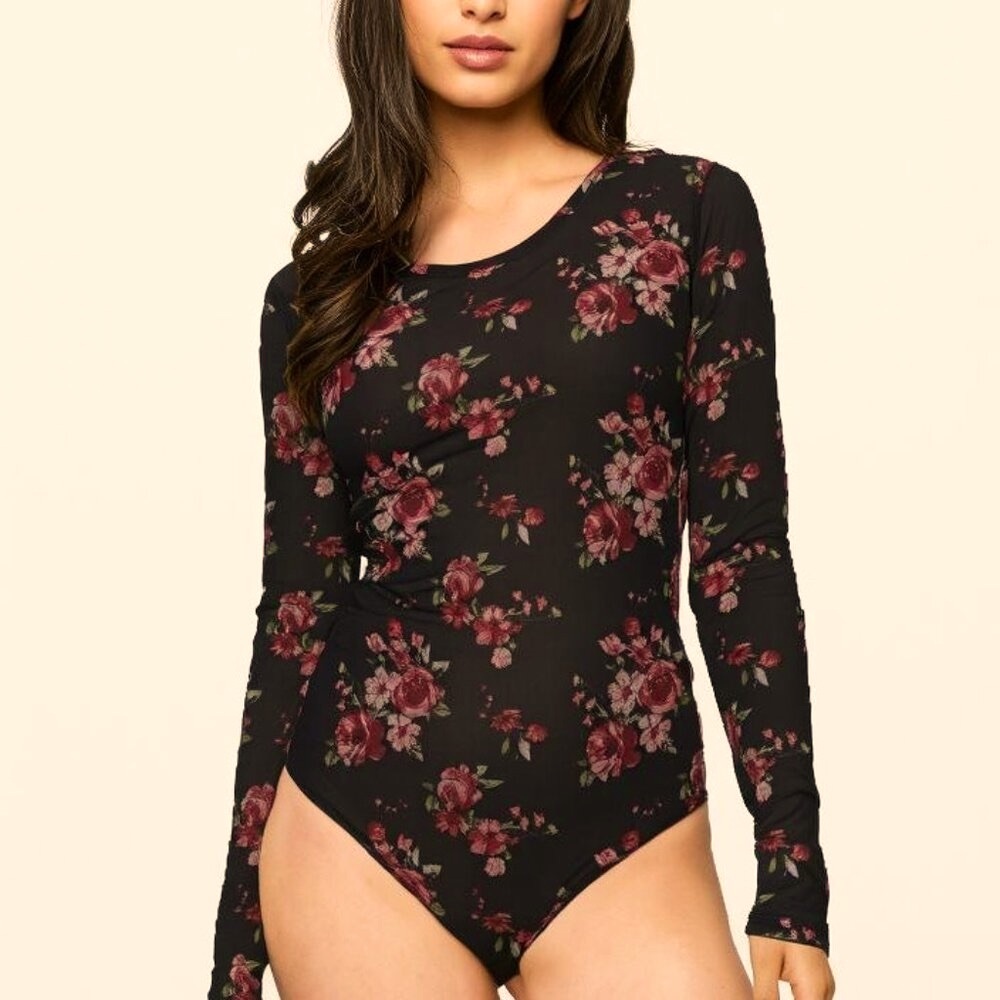 Rue 21 Bodysuit Women's Size Medium Navy Floral Long Sleeves Snap Crotch Sheer